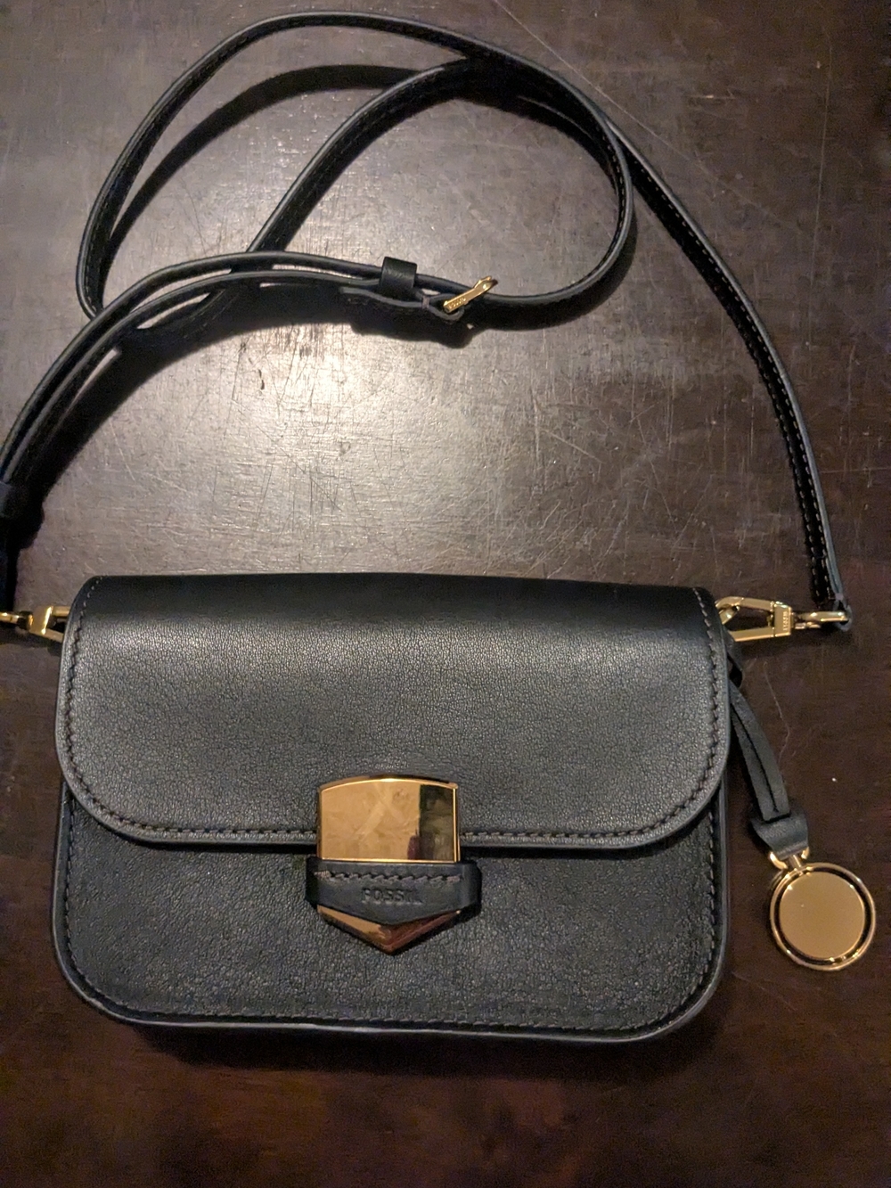 Fossil Black Leather With Crossbody with Gold-Tone Accent Suede Inside Lining